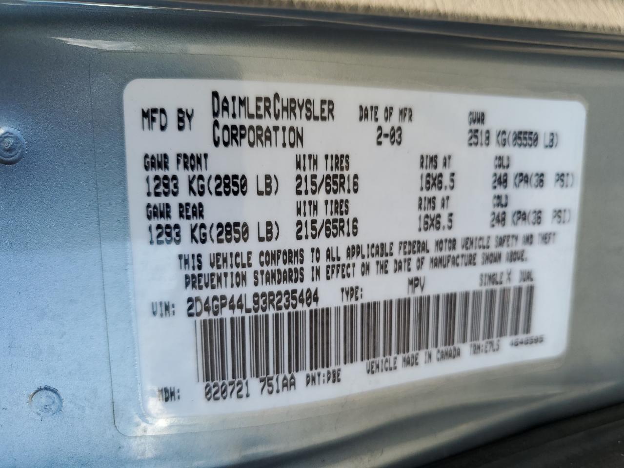 2003 Dodge Grand Caravan Sport VIN: 2D4GP44L93R235404 Lot: 60905594