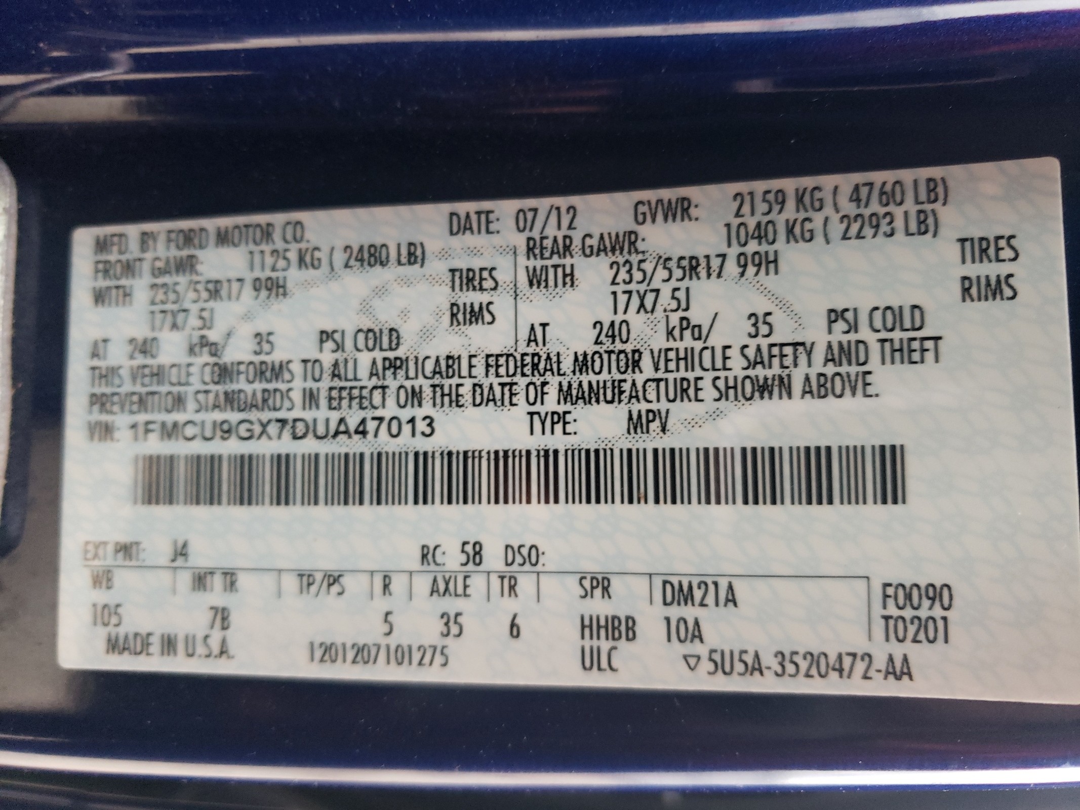 1FMCU9GX7DUA47013 2013 Ford Escape Se