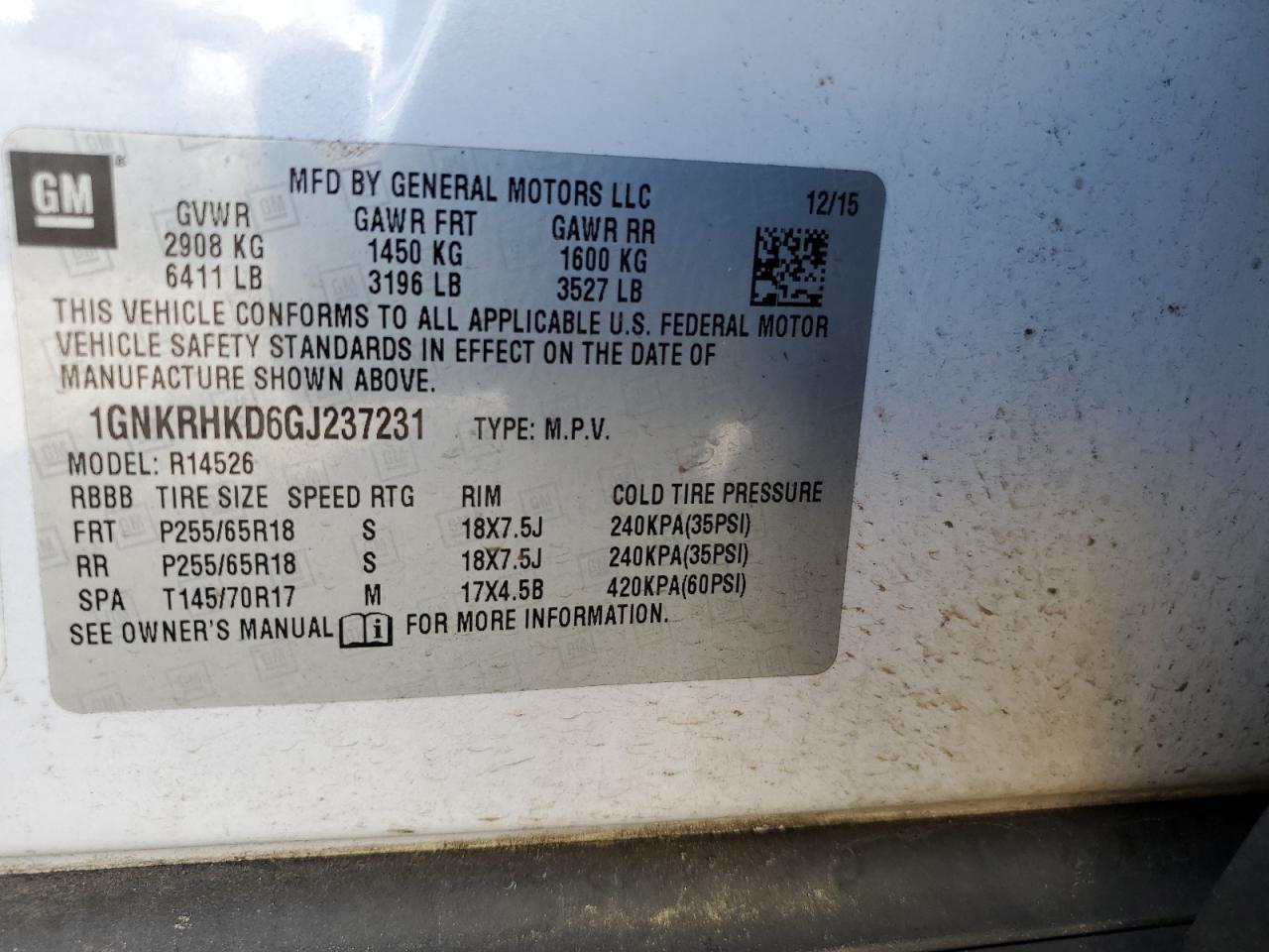 2016 Chevrolet Traverse Lt VIN: 1GNKRHKD6GJ237231 Lot: 59941394