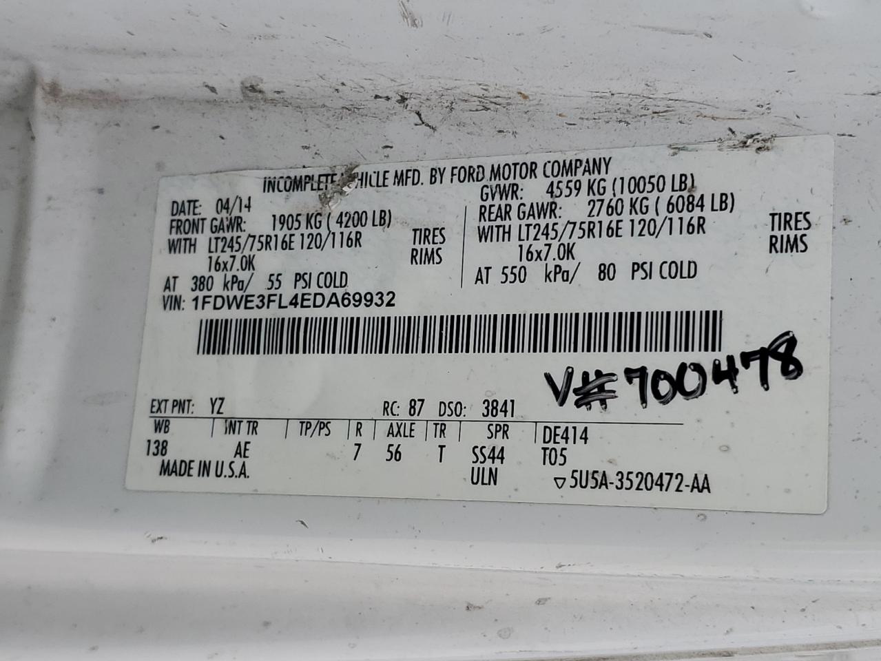1FDWE3FL4EDA69932 2014 Ford Econoline E350 Super Duty Cutaway Van