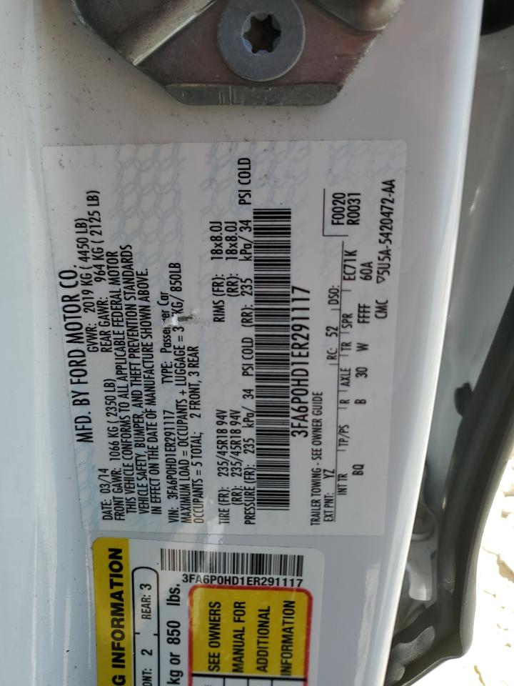 2014 Ford Fusion Se VIN: 3FA6P0HD1ER291117 Lot: 58164904