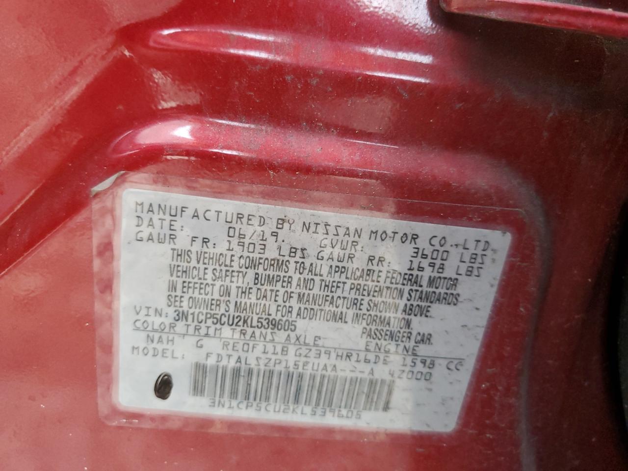 2019 Nissan Kicks S VIN: 3N1CP5CU2KL539605 Lot: 59285254