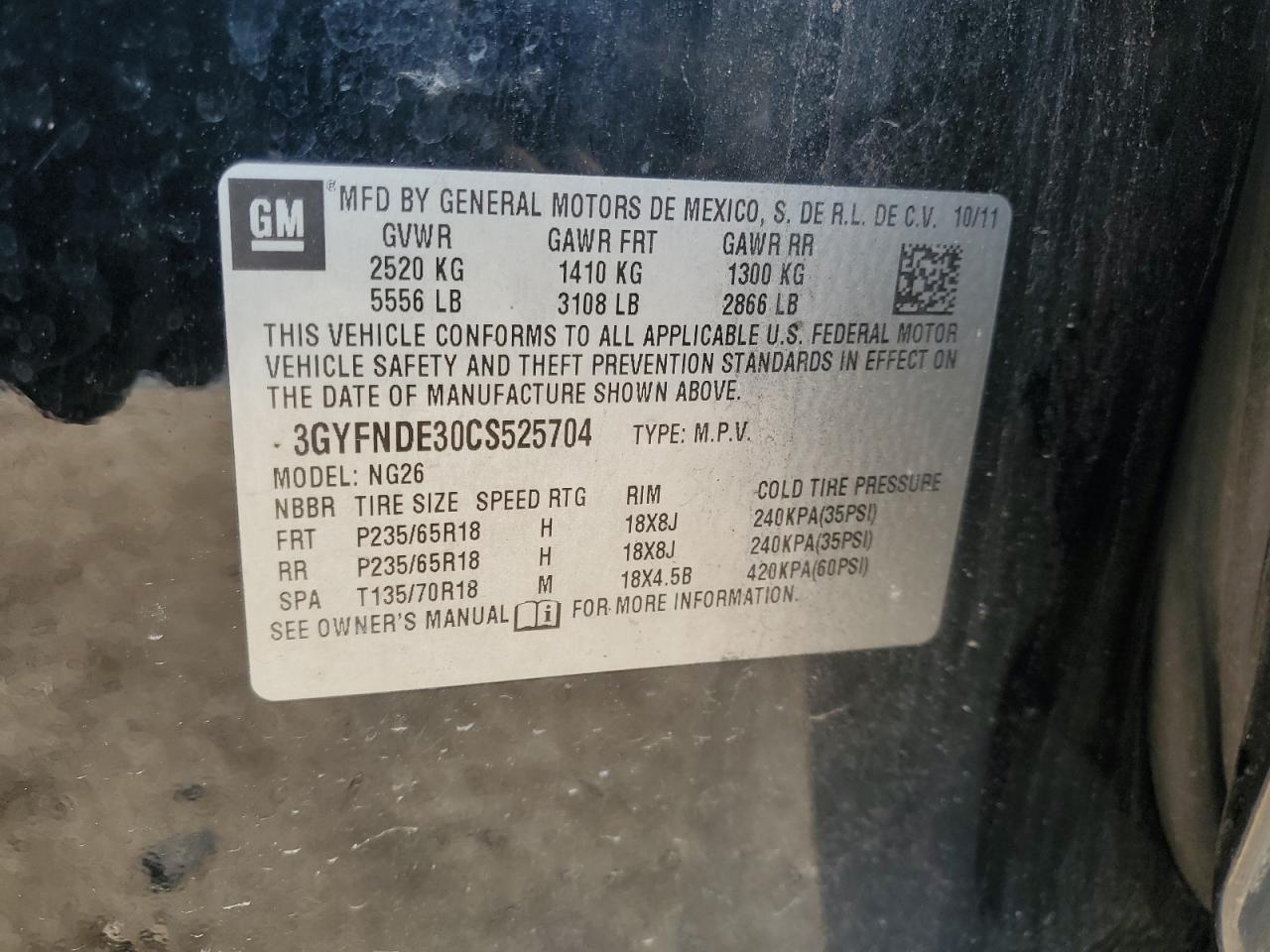 2012 Cadillac Srx Luxury Collection VIN: 3GYFNDE30CS525704 Lot: 57878354