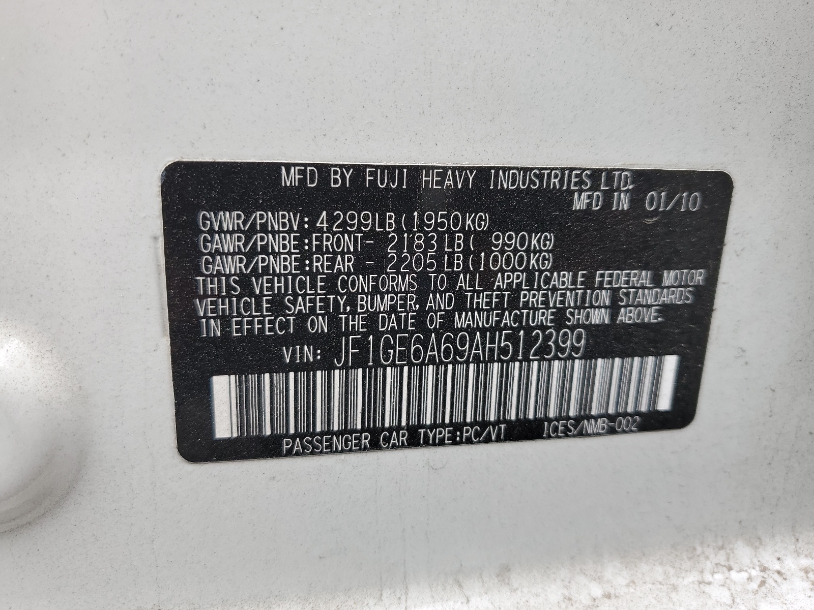 JF1GE6A69AH512399 2010 Subaru Impreza 2.5I