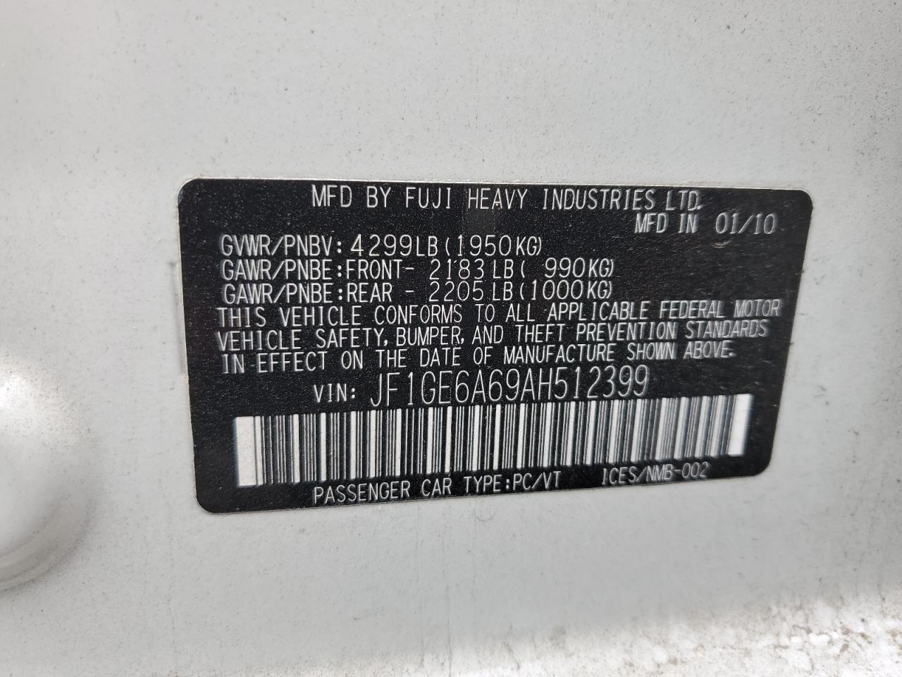 2010 Subaru Impreza 2.5I VIN: JF1GE6A69AH512399 Lot: 60343084