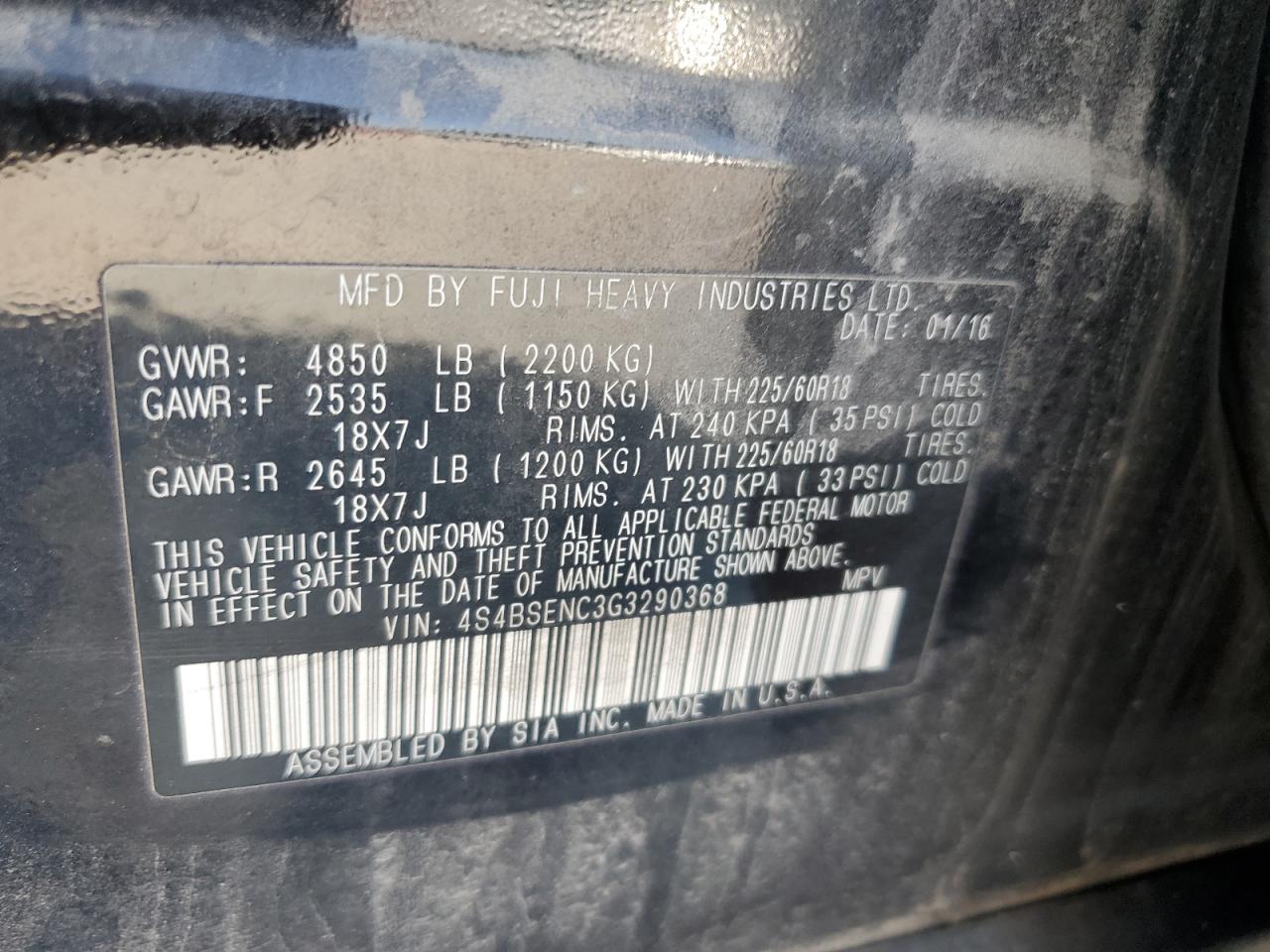 2016 Subaru Outback 3.6R Limited VIN: 4S4BSENC3G3290368 Lot: 59578574