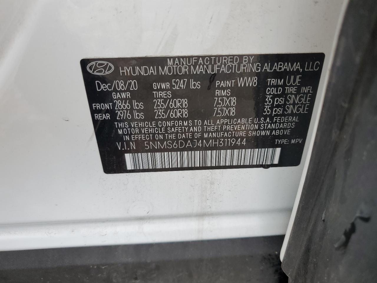 5NMS6DAJ4MH311944 2021 Hyundai Santa Fe Sel