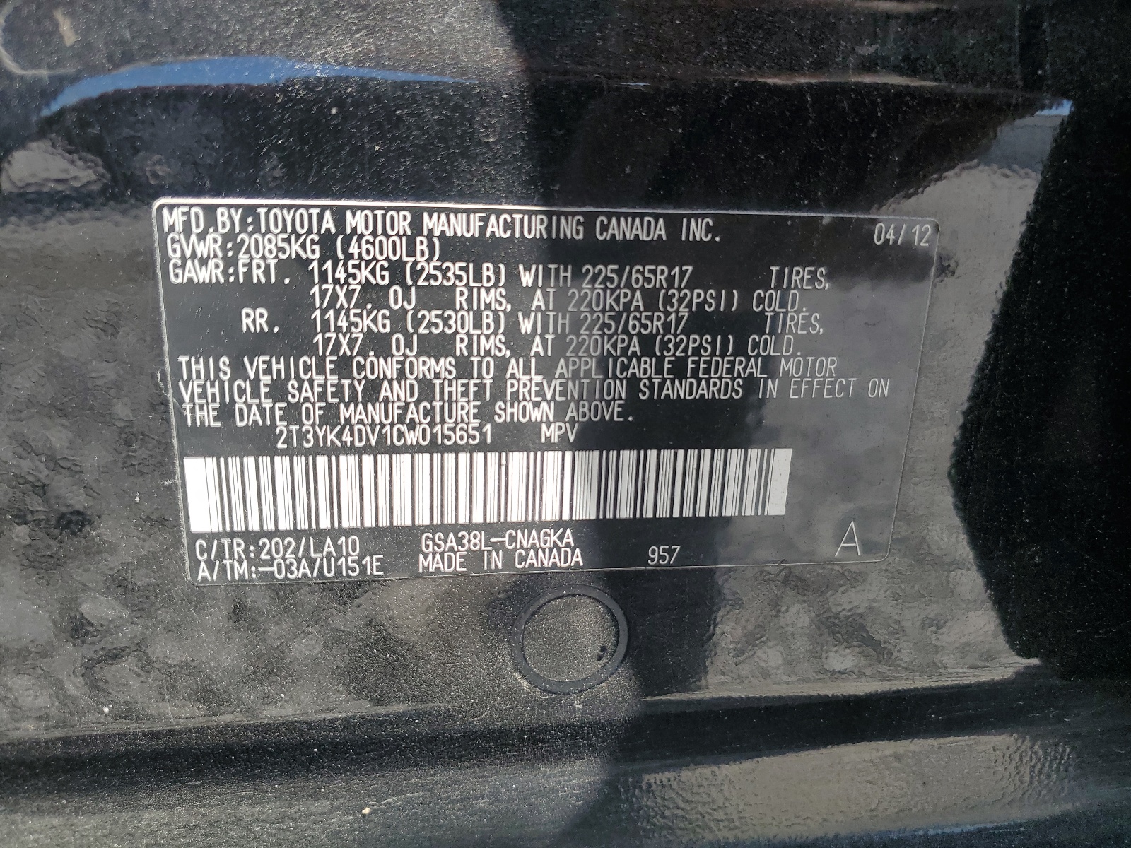 2T3YK4DV1CW015651 2012 Toyota Rav4 Limited