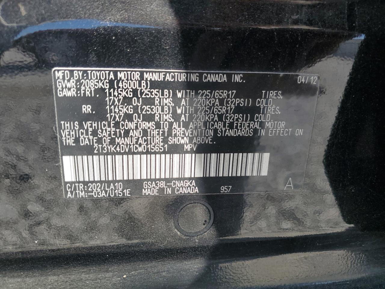 2012 Toyota Rav4 Limited VIN: 2T3YK4DV1CW015651 Lot: 60395444