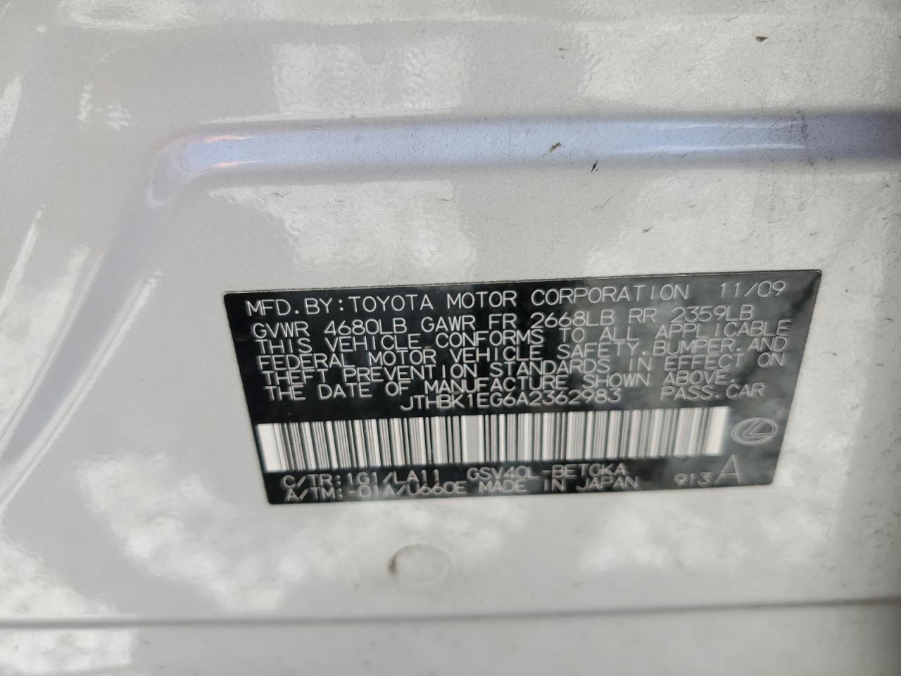 2010 Lexus Es 350 VIN: JTHBK1EG6A2362983 Lot: 56566014