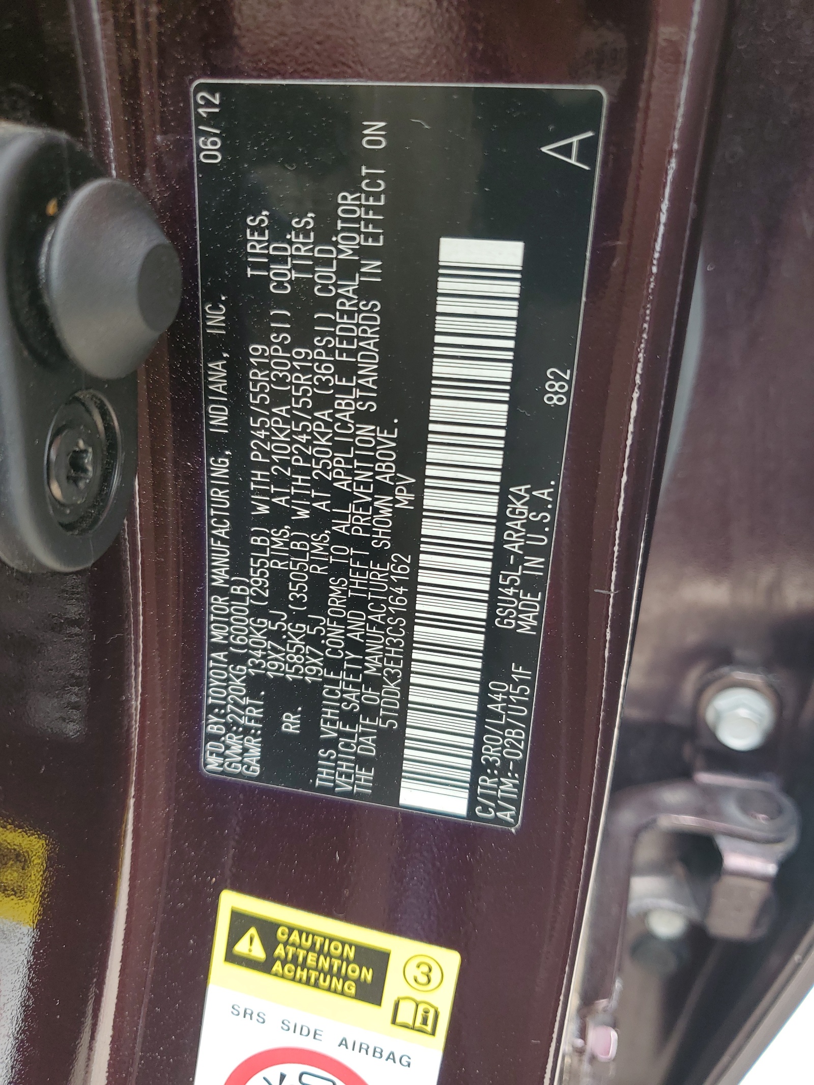 5TDDK3EH3CS164162 2012 Toyota Highlander Limited