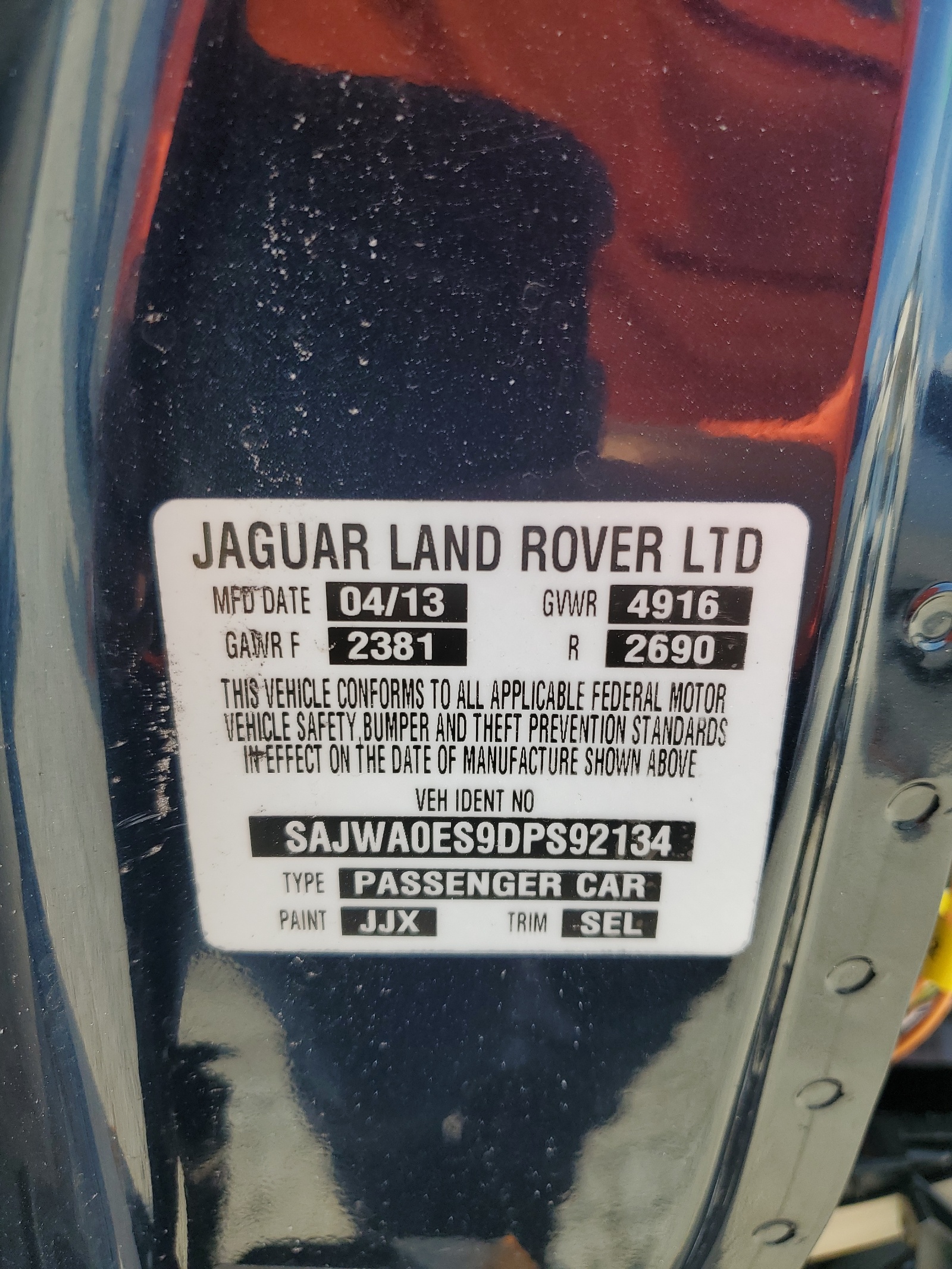 SAJWA0ES9DPS92134 2013 Jaguar Xf