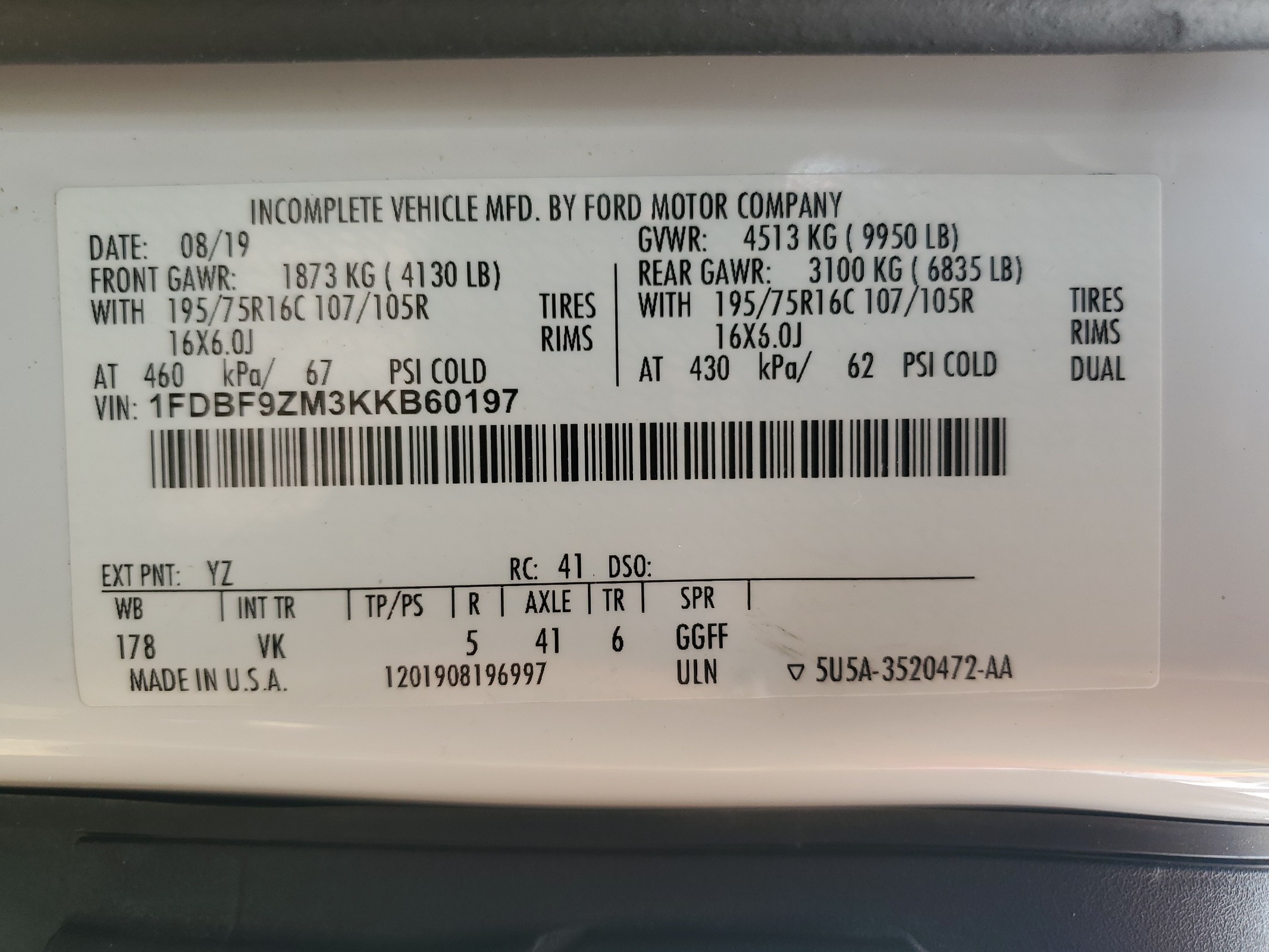 1FDBF9ZM3KKB60197 2019 Ford Transit T-350 Hd