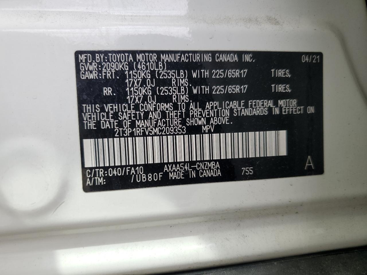 2021 Toyota Rav4 Xle VIN: 2T3P1RFV5MC209353 Lot: 58521234