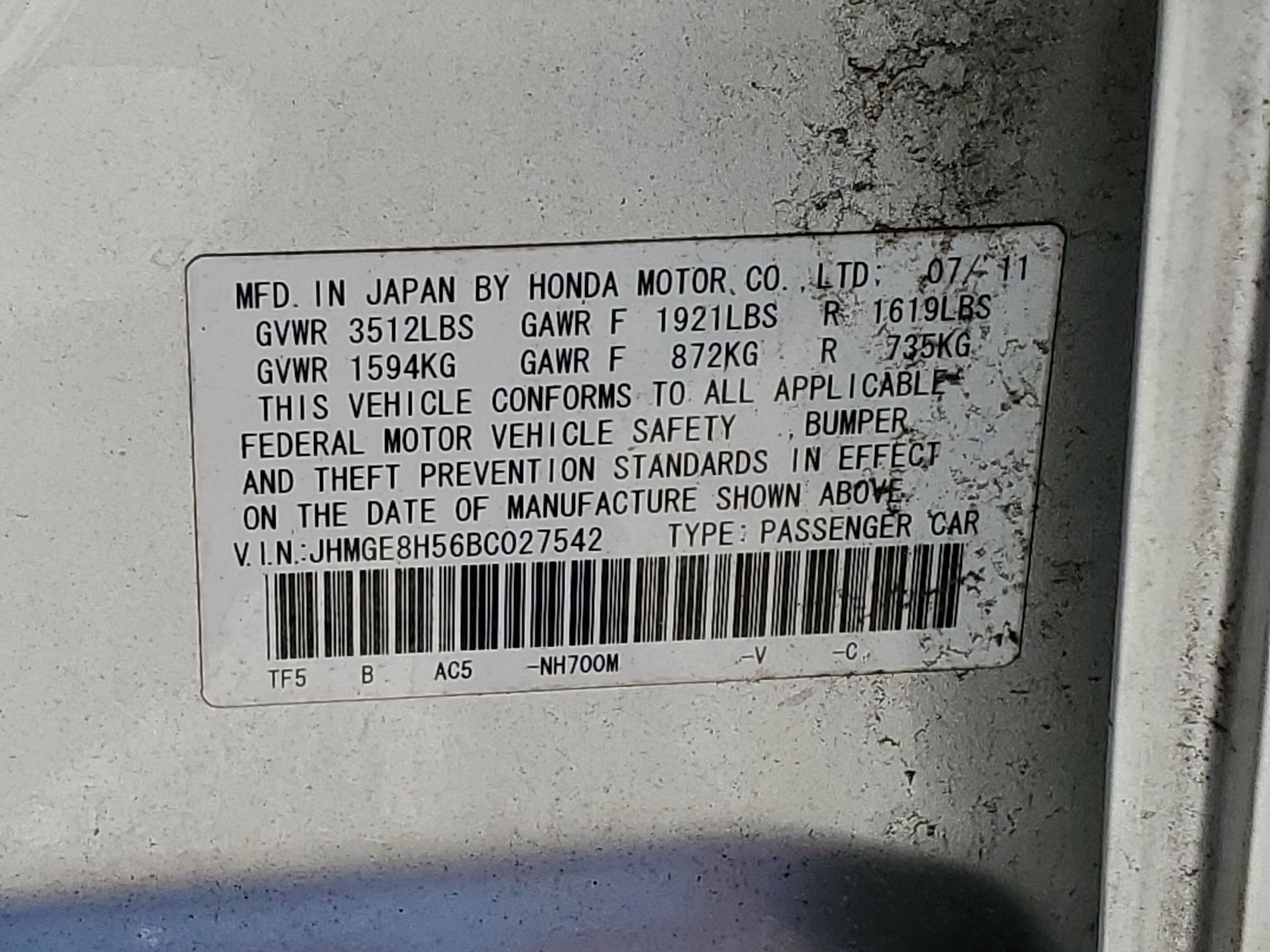 JHMGE8H56BC027542 2011 Honda Fit Sport