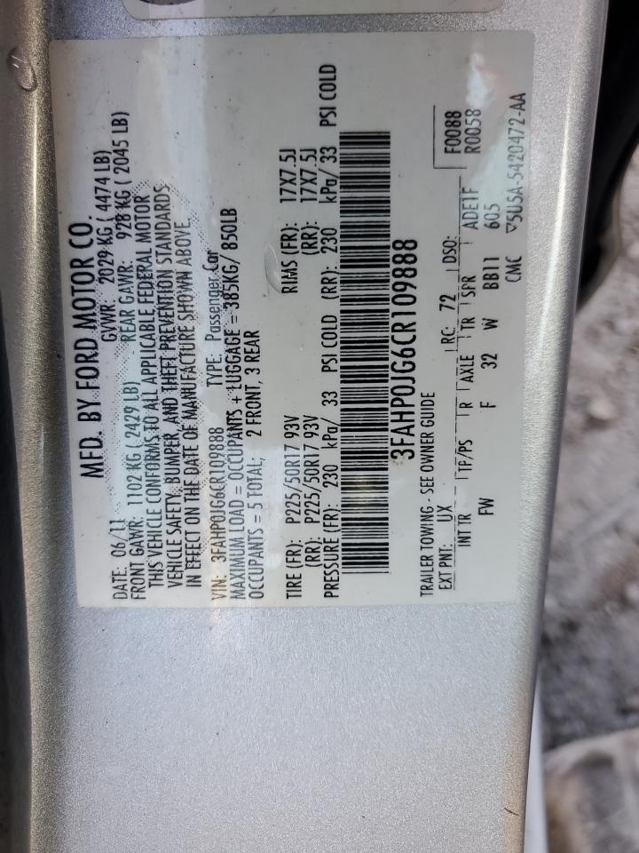 2012 Ford Fusion Sel VIN: 3FAHP0JG6CR109888 Lot: 57906834