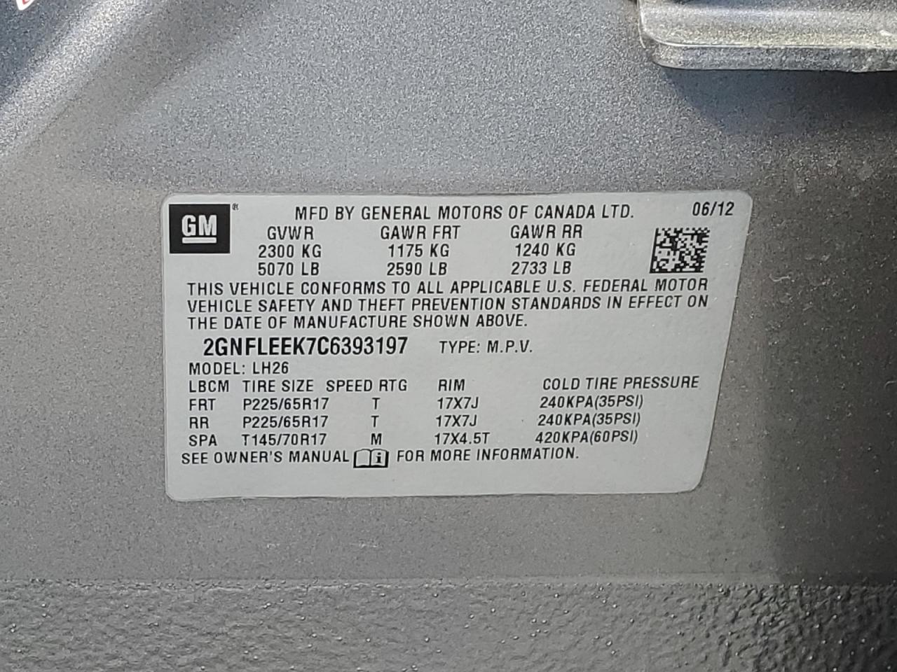 2012 Chevrolet Equinox Lt VIN: 2GNFLEEK7C6393197 Lot: 58641814