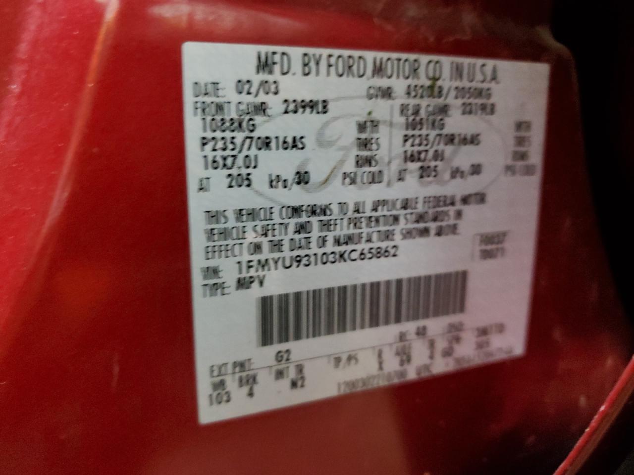 2003 Ford Escape Xlt VIN: 1FMYU93103KC65862 Lot: 59887714