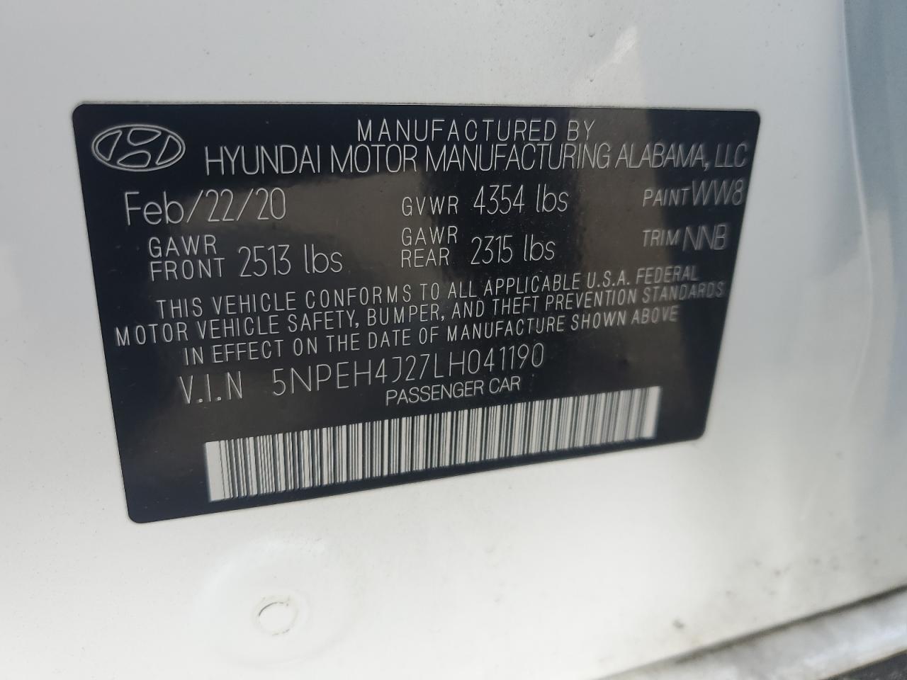 5NPEH4J27LH041190 2020 Hyundai Sonata Limited