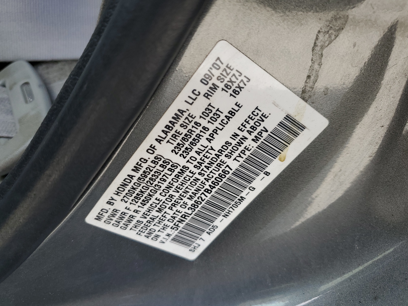 5FNRL38627B460667 2007 Honda Odyssey Exl