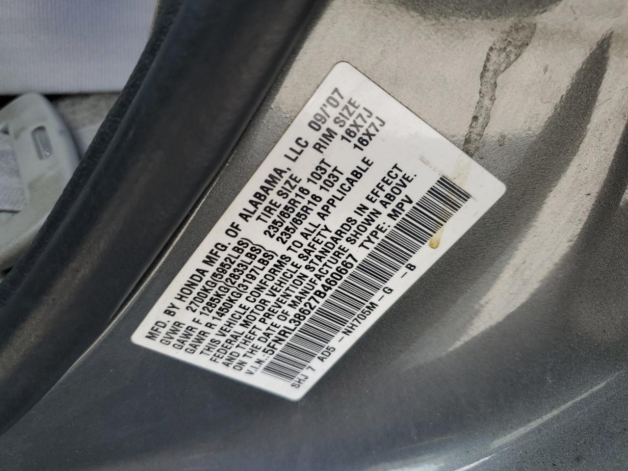 2007 Honda Odyssey Exl VIN: 5FNRL38627B460667 Lot: 57457484