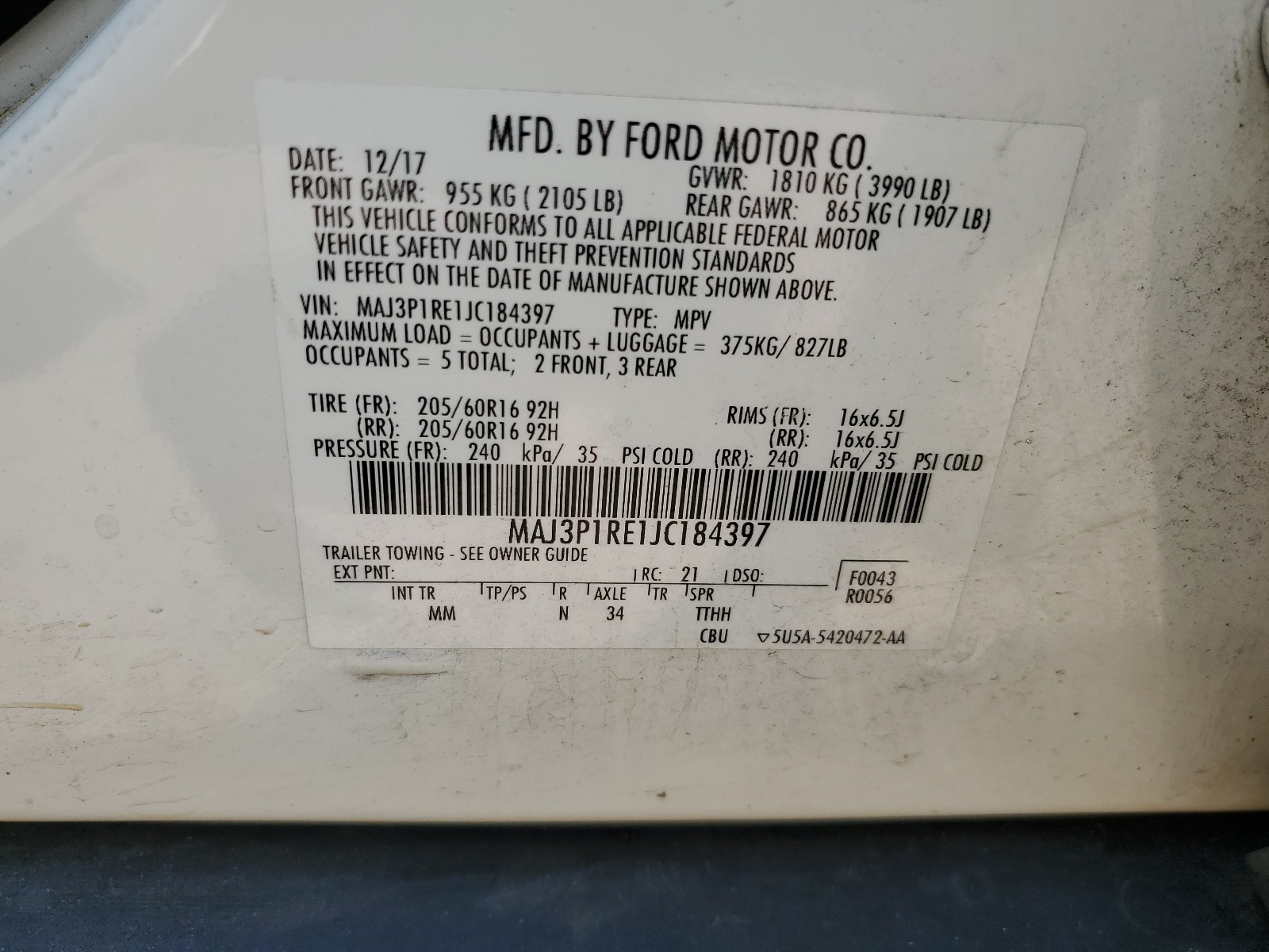 MAJ3P1RE1JC184397 2018 Ford Ecosport S