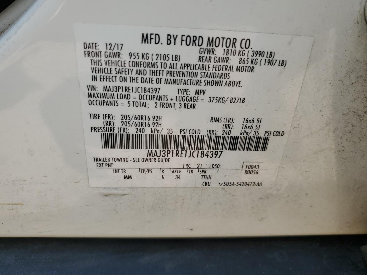 2018 Ford Ecosport S VIN: MAJ3P1RE1JC184397 Lot: 60644284