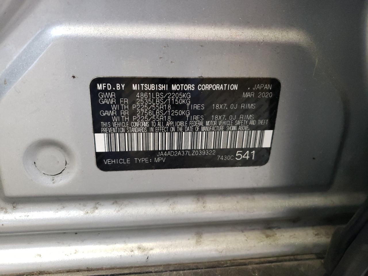 2020 Mitsubishi Outlander Es VIN: JA4AD2A37LZ039322 Lot: 59876034