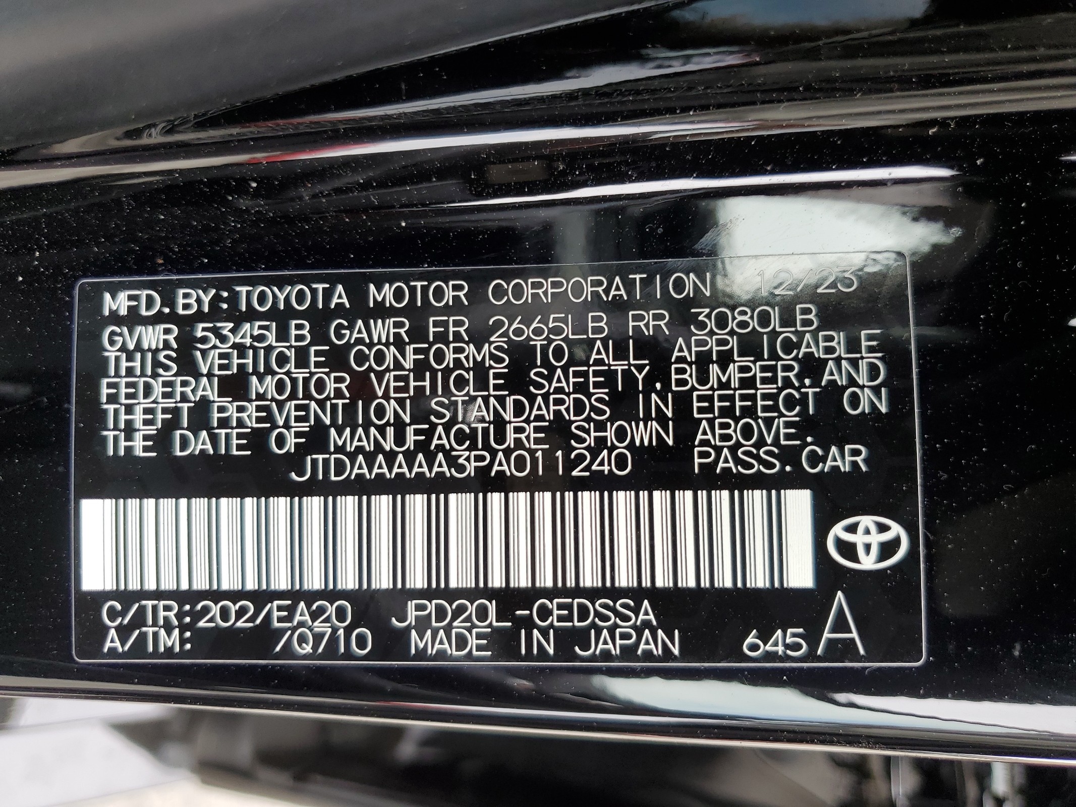 JTDAAAAA3PA011240 2023 Toyota Mirai Xle