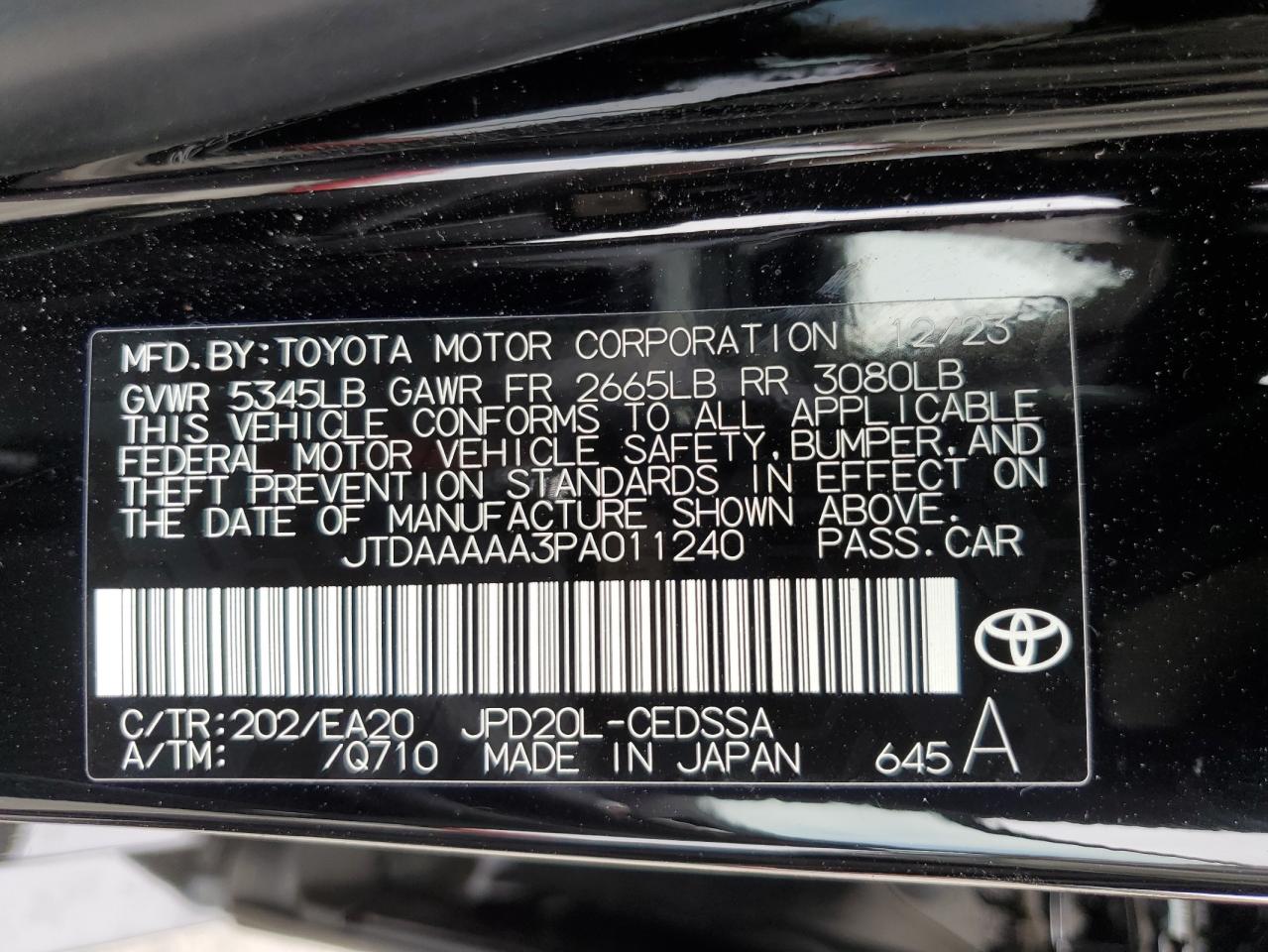 2023 Toyota Mirai Xle VIN: JTDAAAAA3PA011240 Lot: 57170384