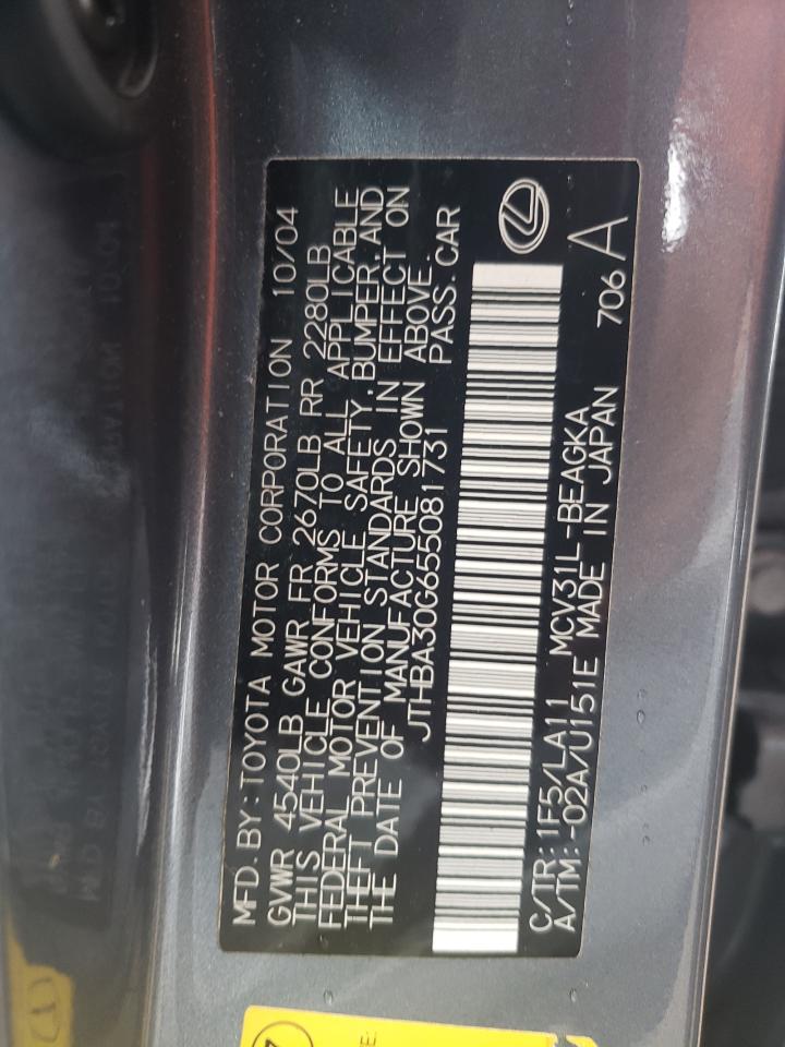 2005 Lexus Es 330 VIN: JTHBA30G655081731 Lot: 58668504