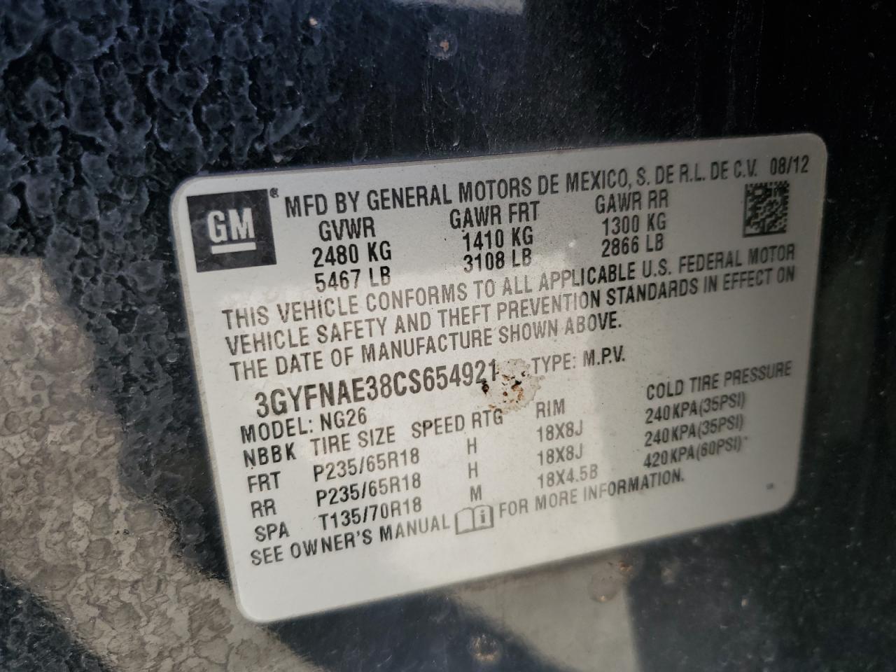 2012 Cadillac Srx Luxury Collection VIN: 3GYFNAE38CS654921 Lot: 58068244