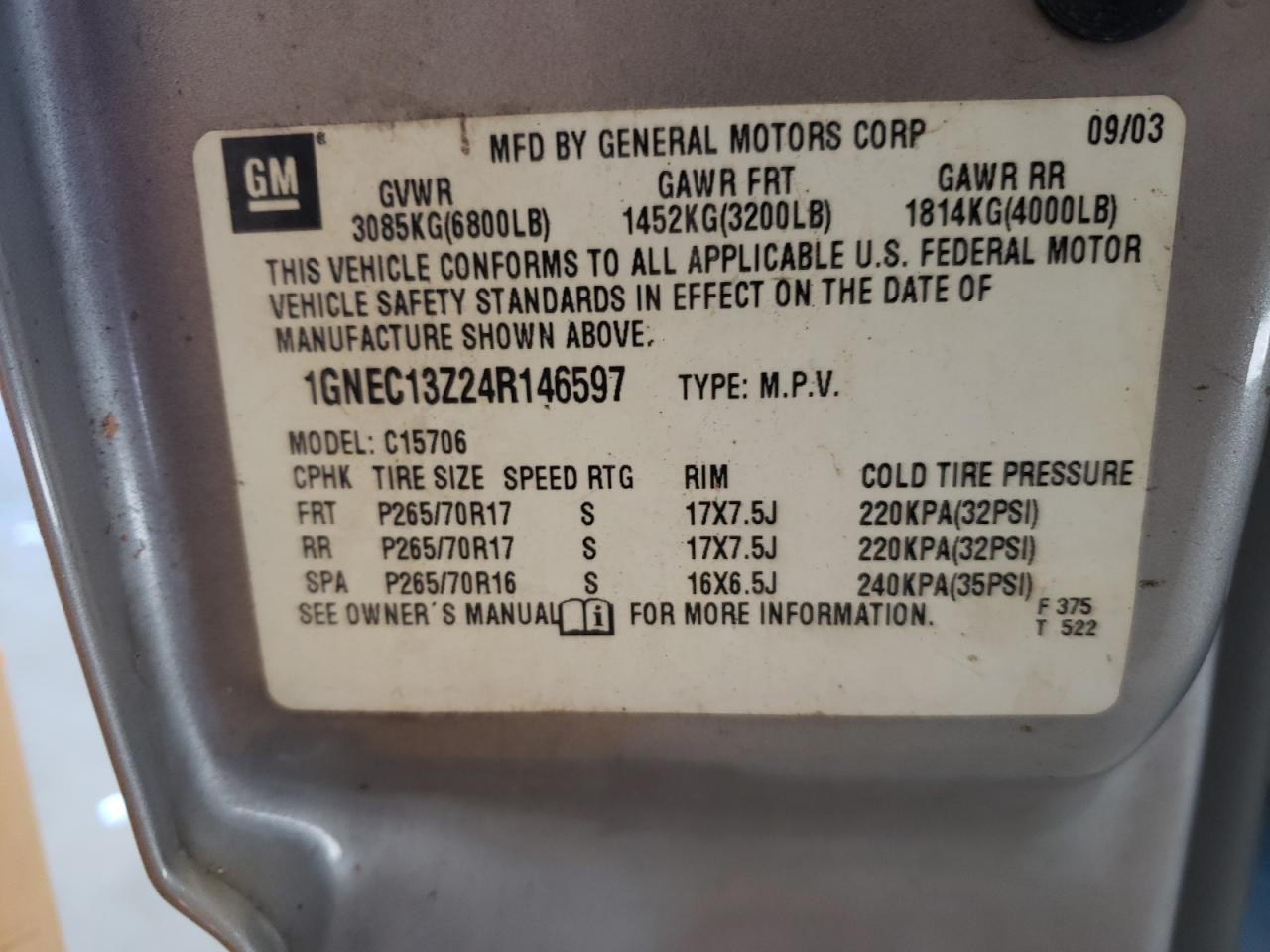 2004 Chevrolet Tahoe C1500 VIN: 1GNEC13Z24R146597 Lot: 58761224