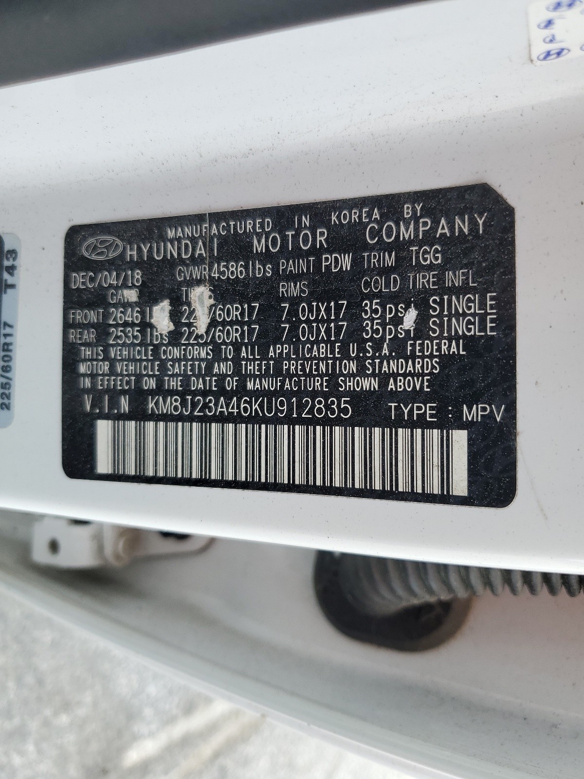 KM8J23A46KU912835 2019 Hyundai Tucson Se