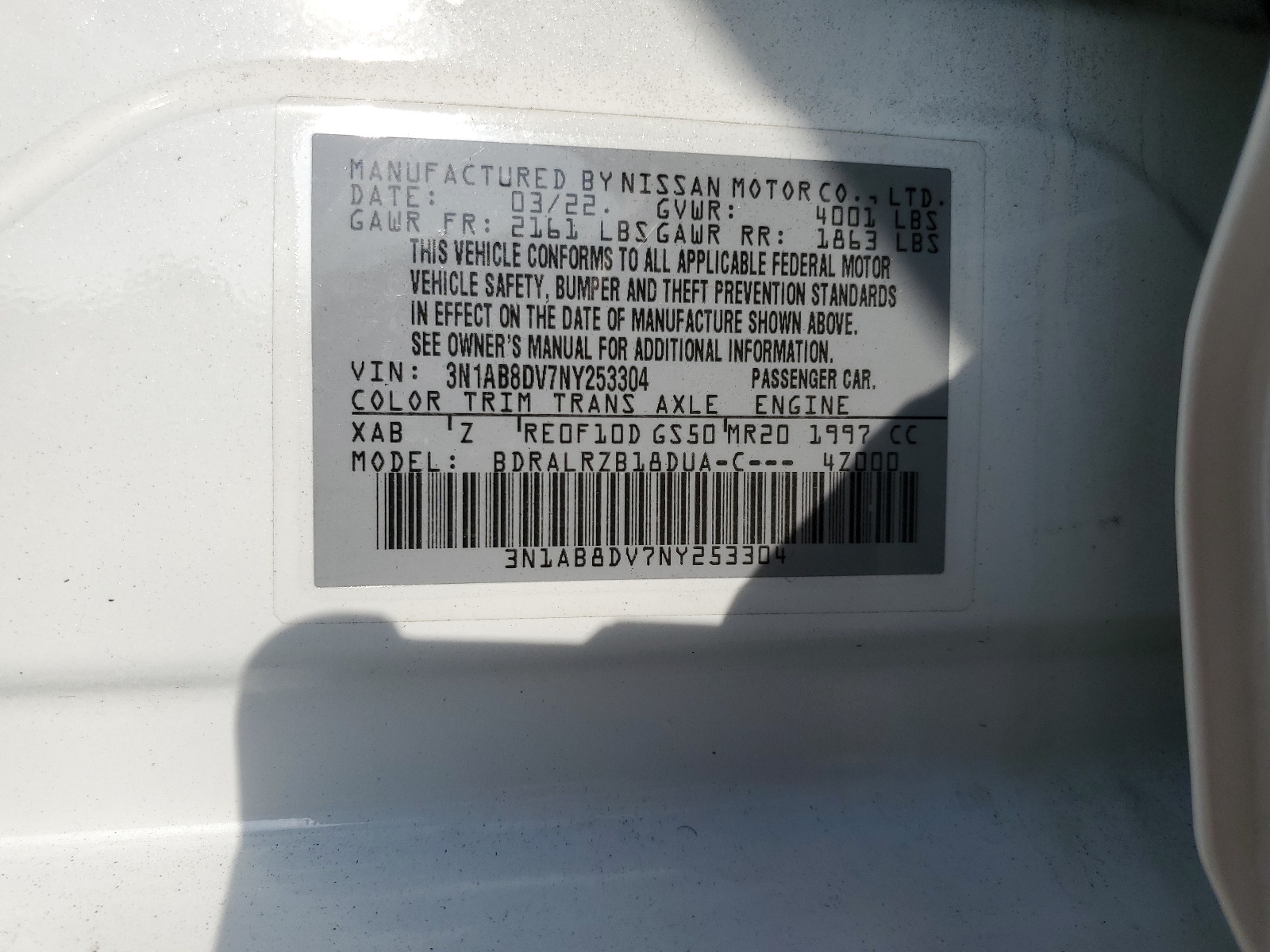 3N1AB8DV7NY253304 2022 Nissan Sentra Sr