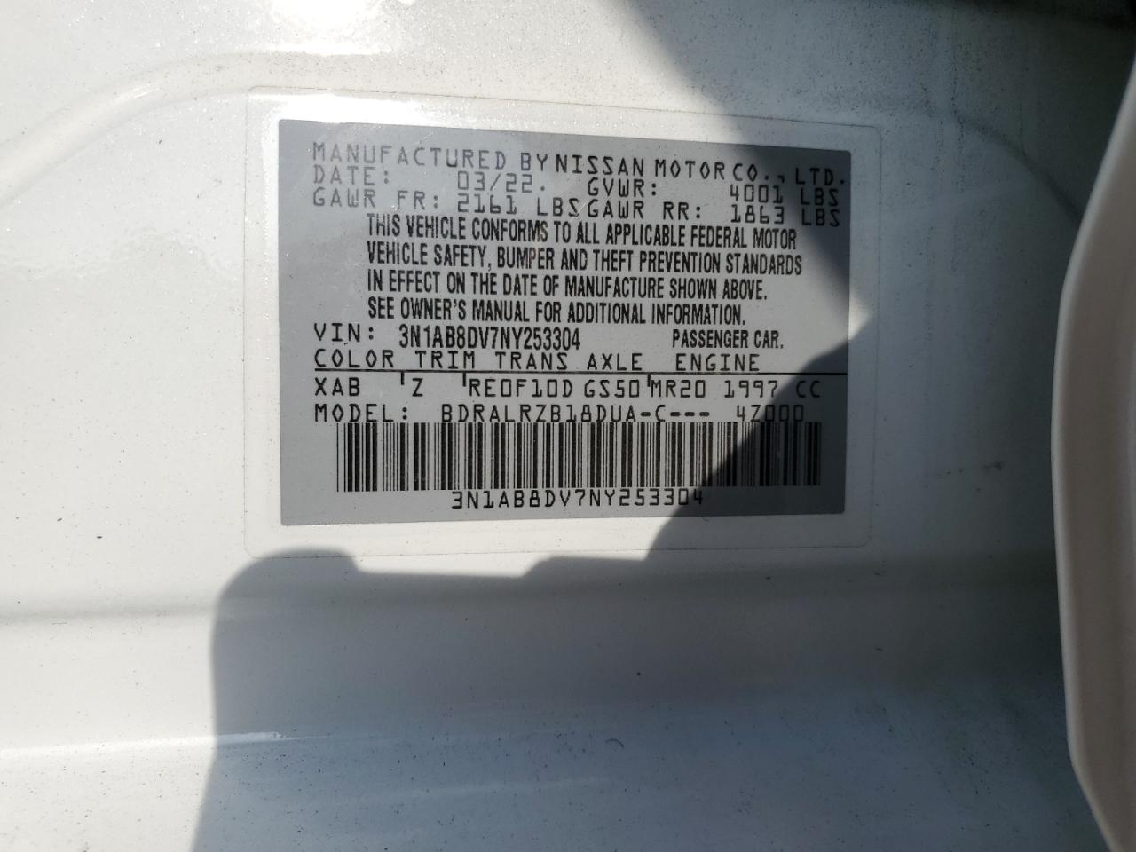 2022 Nissan Sentra Sr VIN: 3N1AB8DV7NY253304 Lot: 59303274