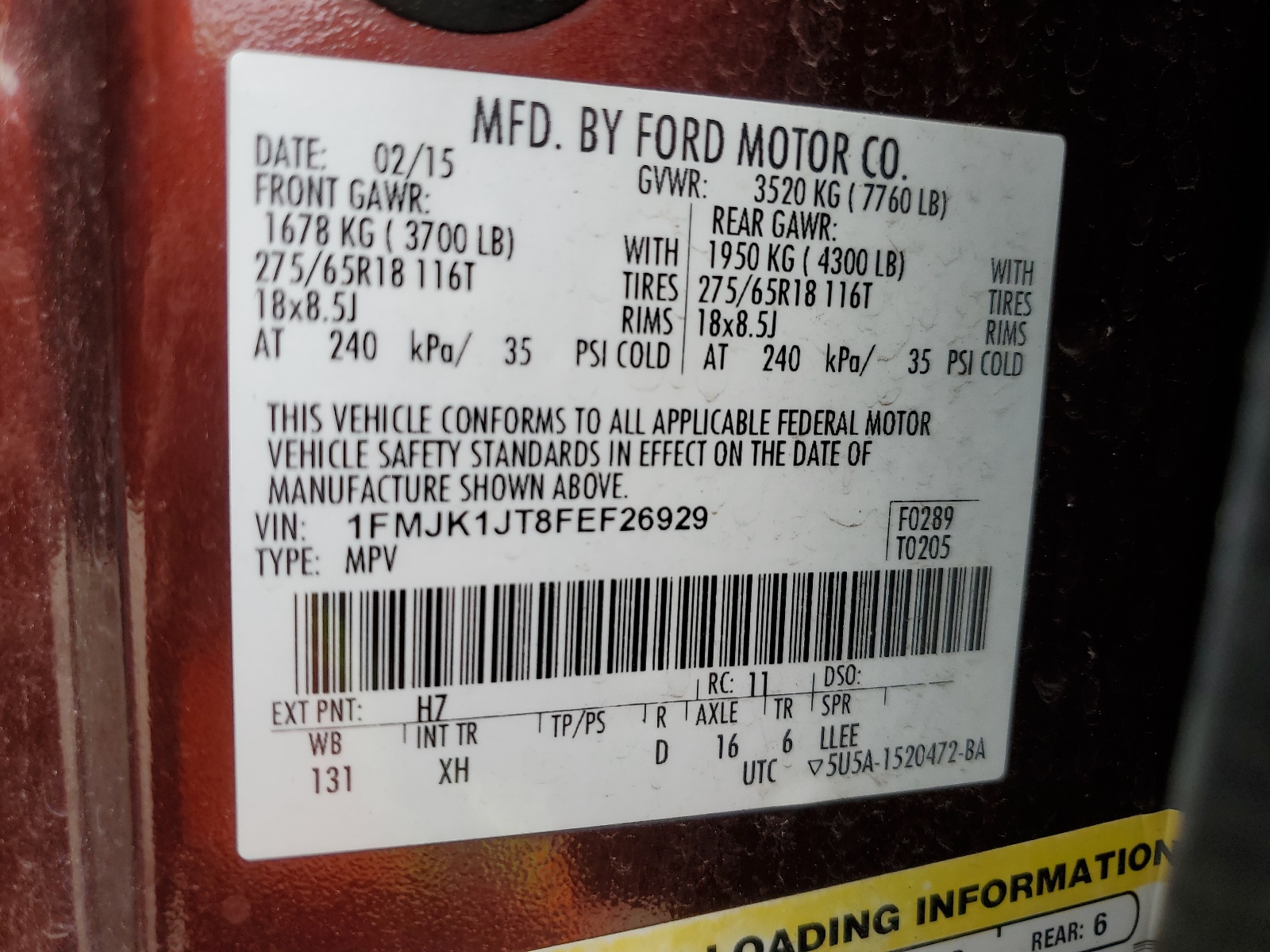 1FMJK1JT8FEF26929 2015 Ford Expedition El Xlt