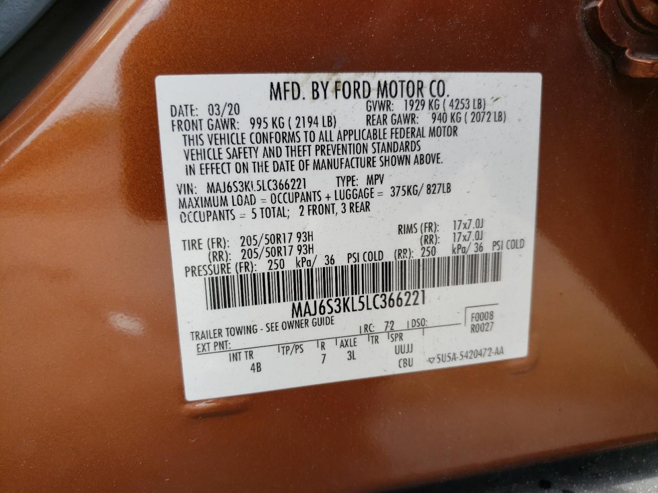 2020 Ford Ecosport Titanium VIN: MAJ6S3KL5LC366221 Lot: 58382114