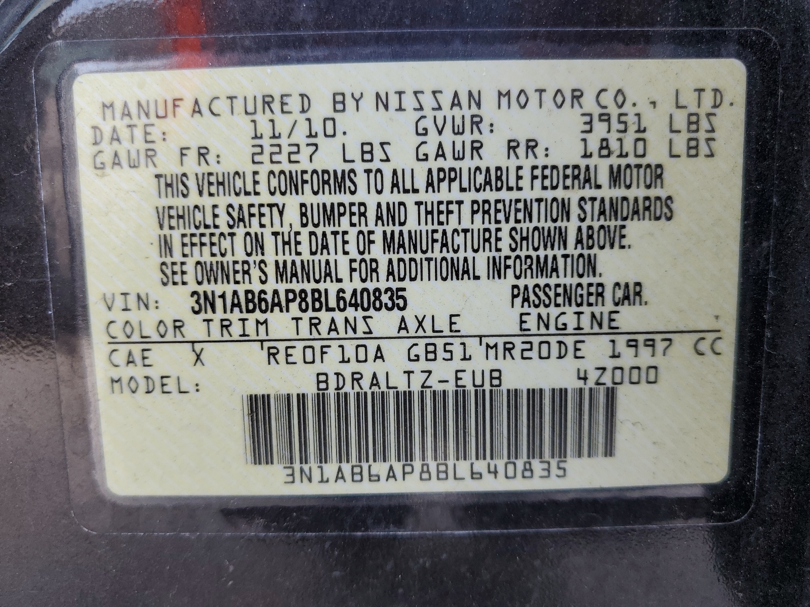 3N1AB6AP8BL640835 2011 Nissan Sentra 2.0