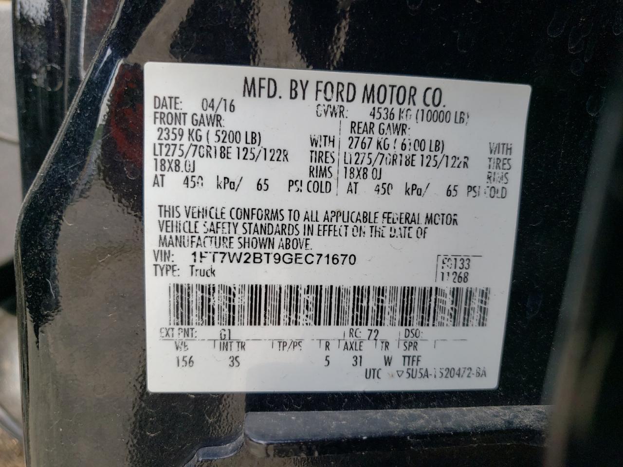 1FT7W2BT9GEC71670 2016 Ford F250 Super Duty