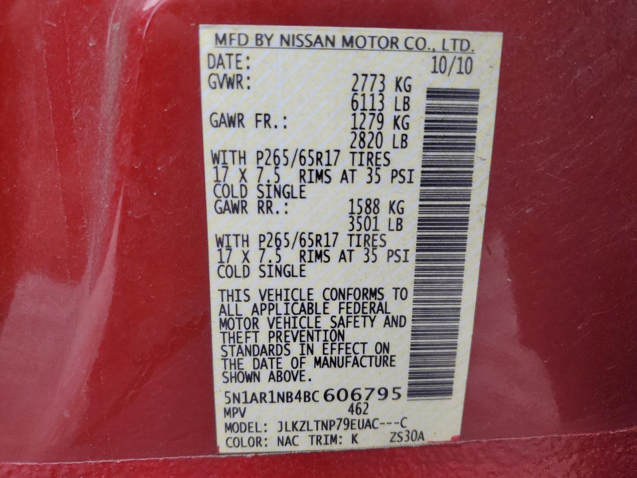 2011 Nissan Pathfinder S VIN: 5N1AR1NB4BC606795 Lot: 60893124