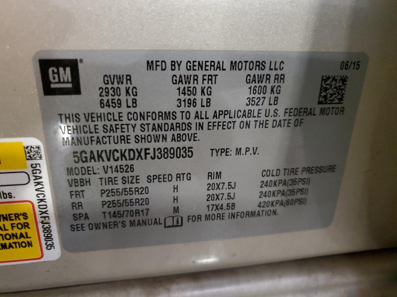 2015 Buick Enclave VIN: 5GAKVCKDXFJ389035 Lot: 60268014