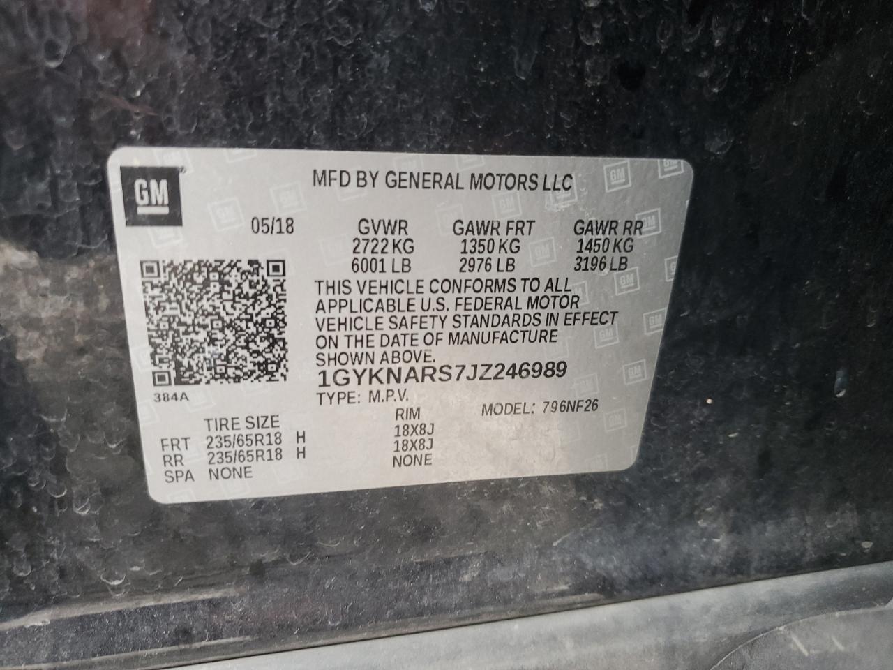 2018 Cadillac Xt5 VIN: 1GYKNARS7JZ246989 Lot: 59166144