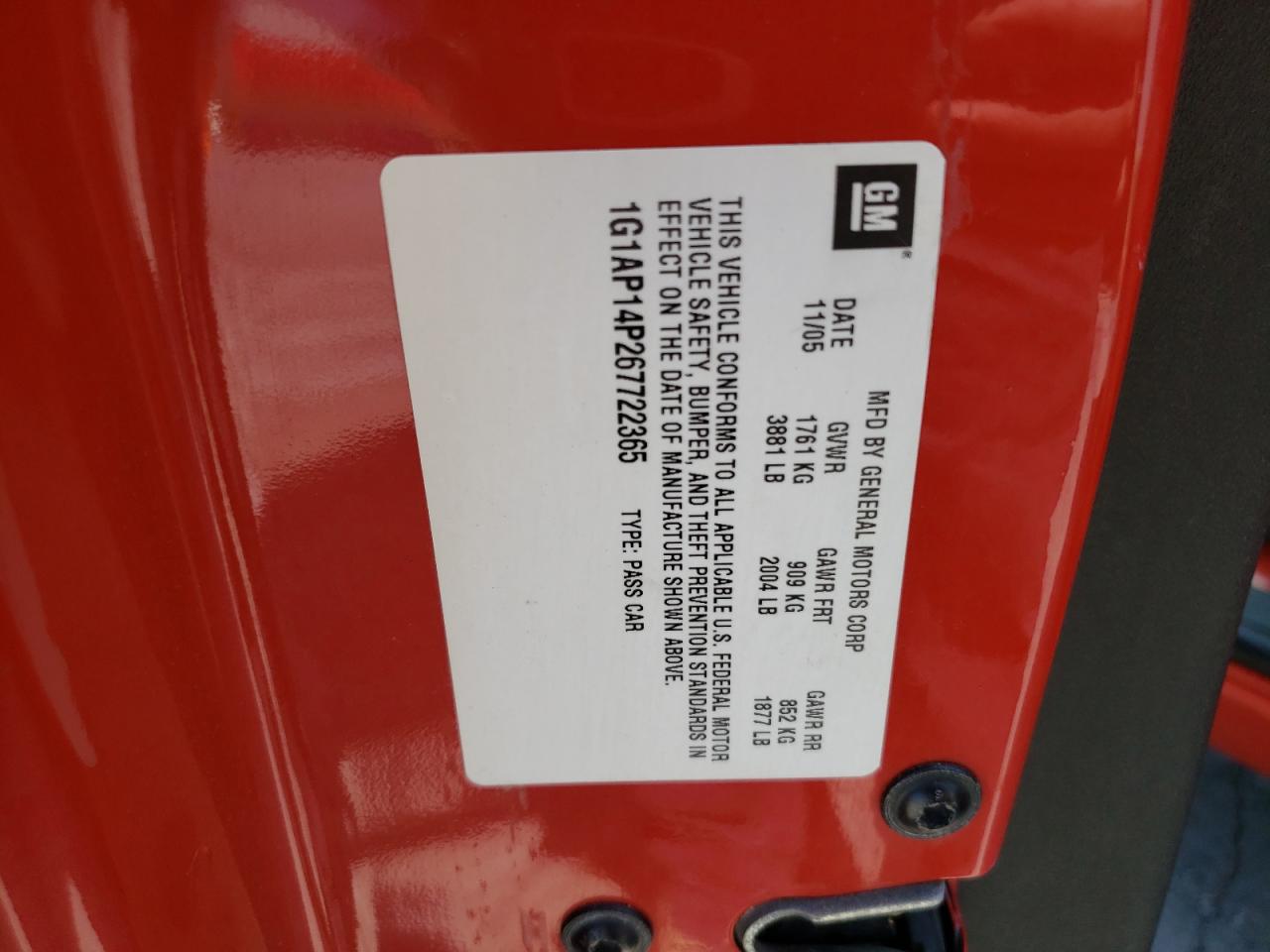 2006 Chevrolet Cobalt Ss Supercharged VIN: 1G1AP14P267722365 Lot: 61428914