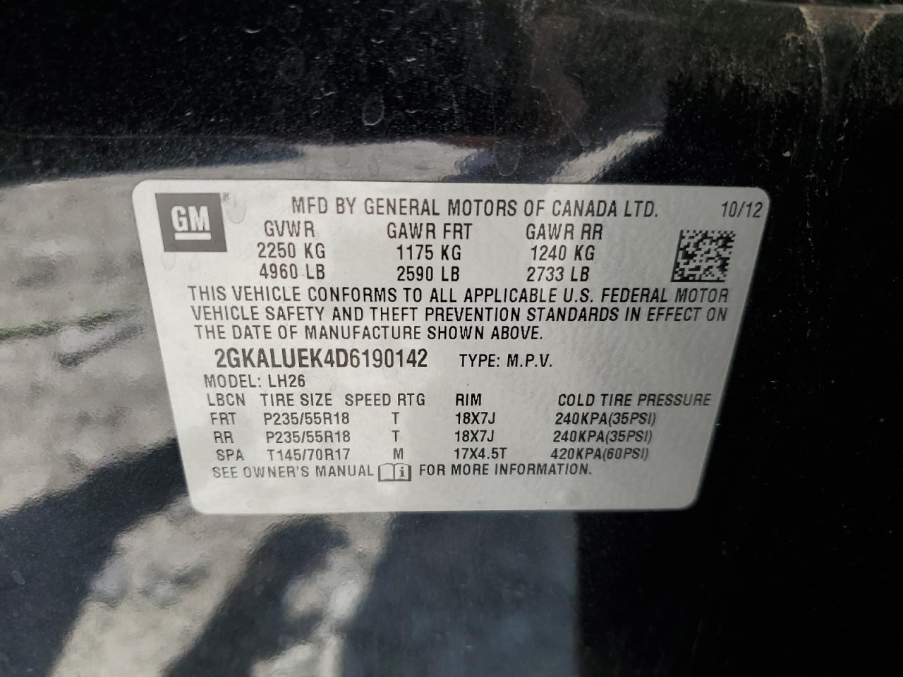 2013 GMC Terrain Slt VIN: 2GKALUEK4D6190142 Lot: 60973304