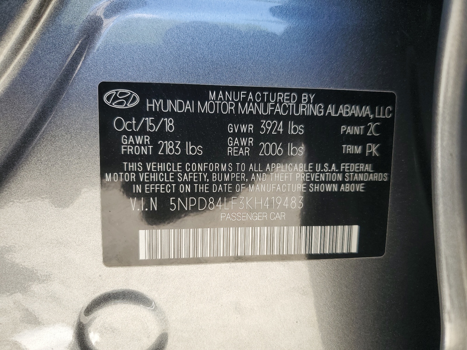 5NPD84LF3KH419483 2019 Hyundai Elantra Sel