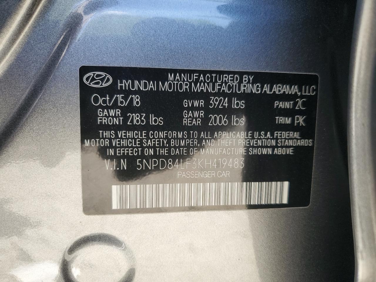 2019 Hyundai Elantra Sel VIN: 5NPD84LF3KH419483 Lot: 59583204