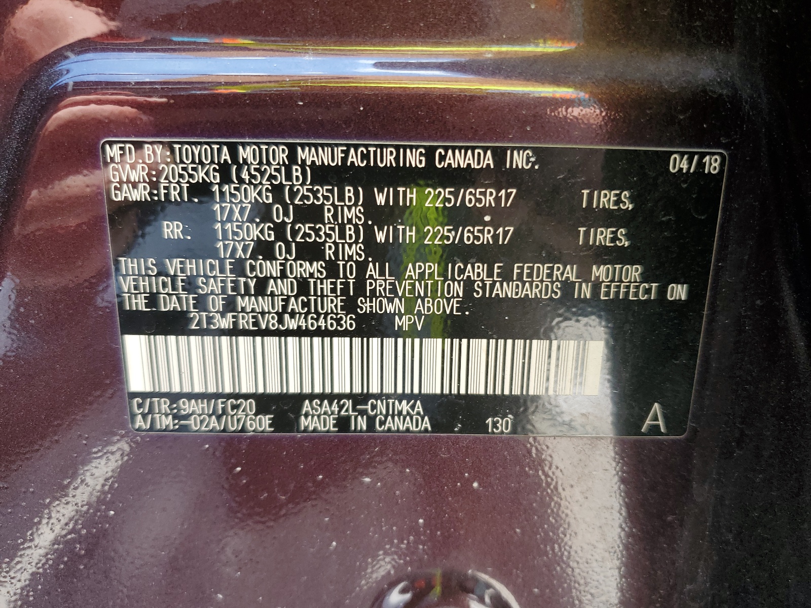 2T3WFREV8JW464636 2018 Toyota Rav4 Adventure