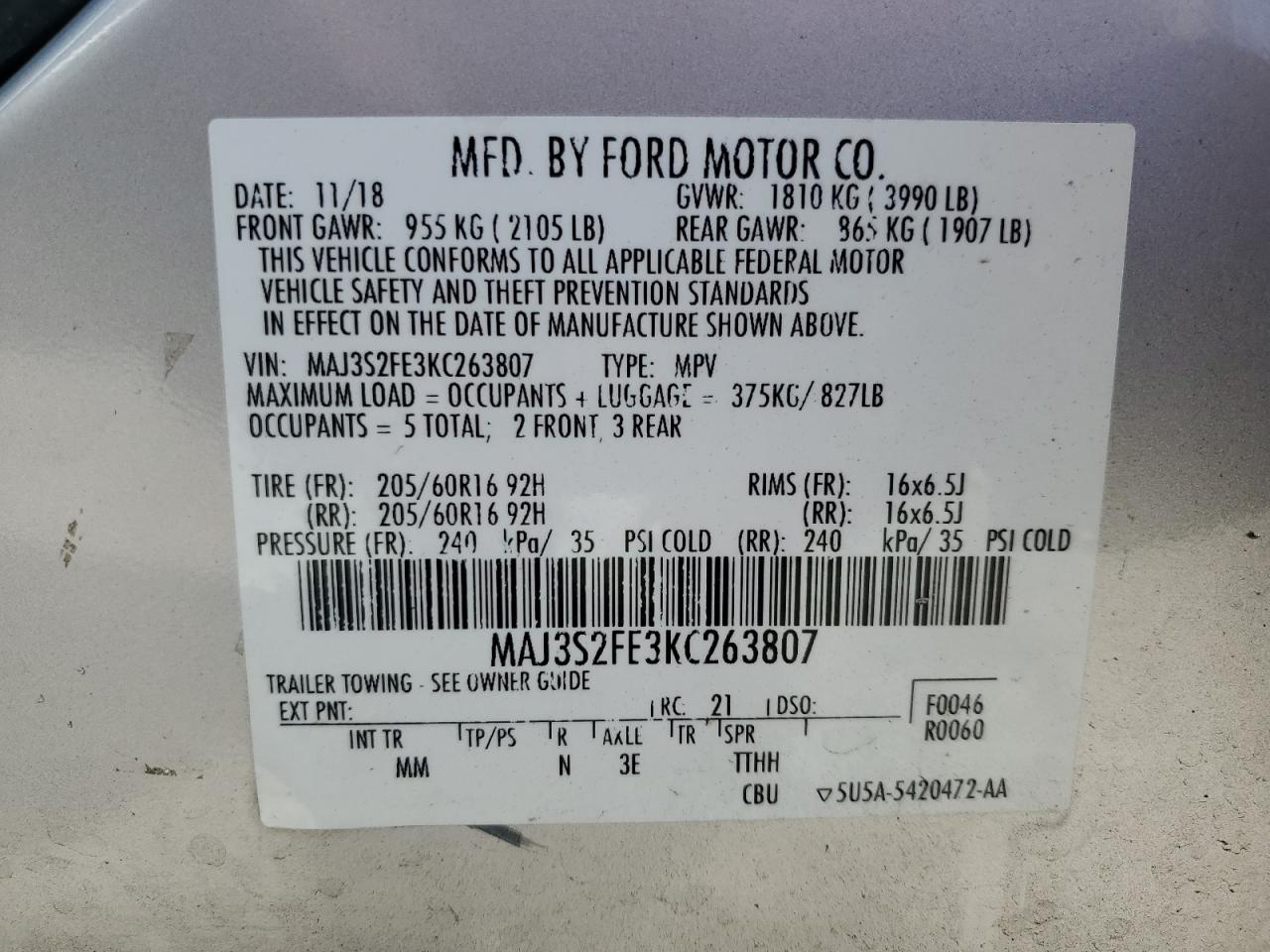 2019 Ford Ecosport S VIN: MAJ3S2FE3KC263807 Lot: 57188054