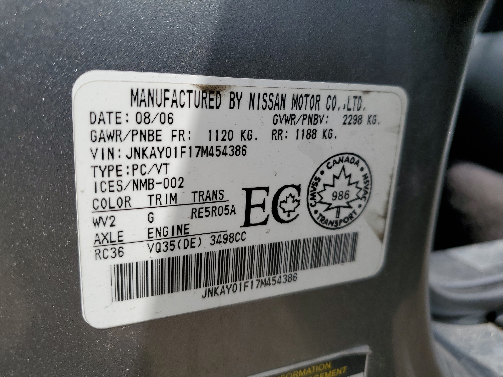 JNKAY01F17M454386 2007 Infiniti M35 Base